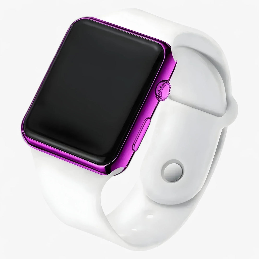 Men's digital LED watch collection showing multiple case finishes and strap colours