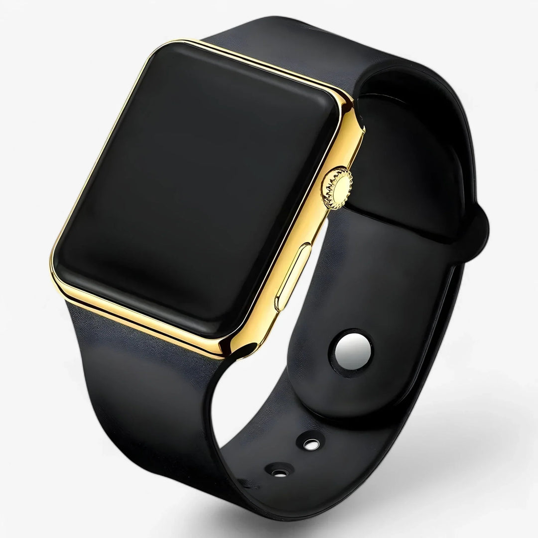 Digital LED watch featuring red numerals on square display with polished case