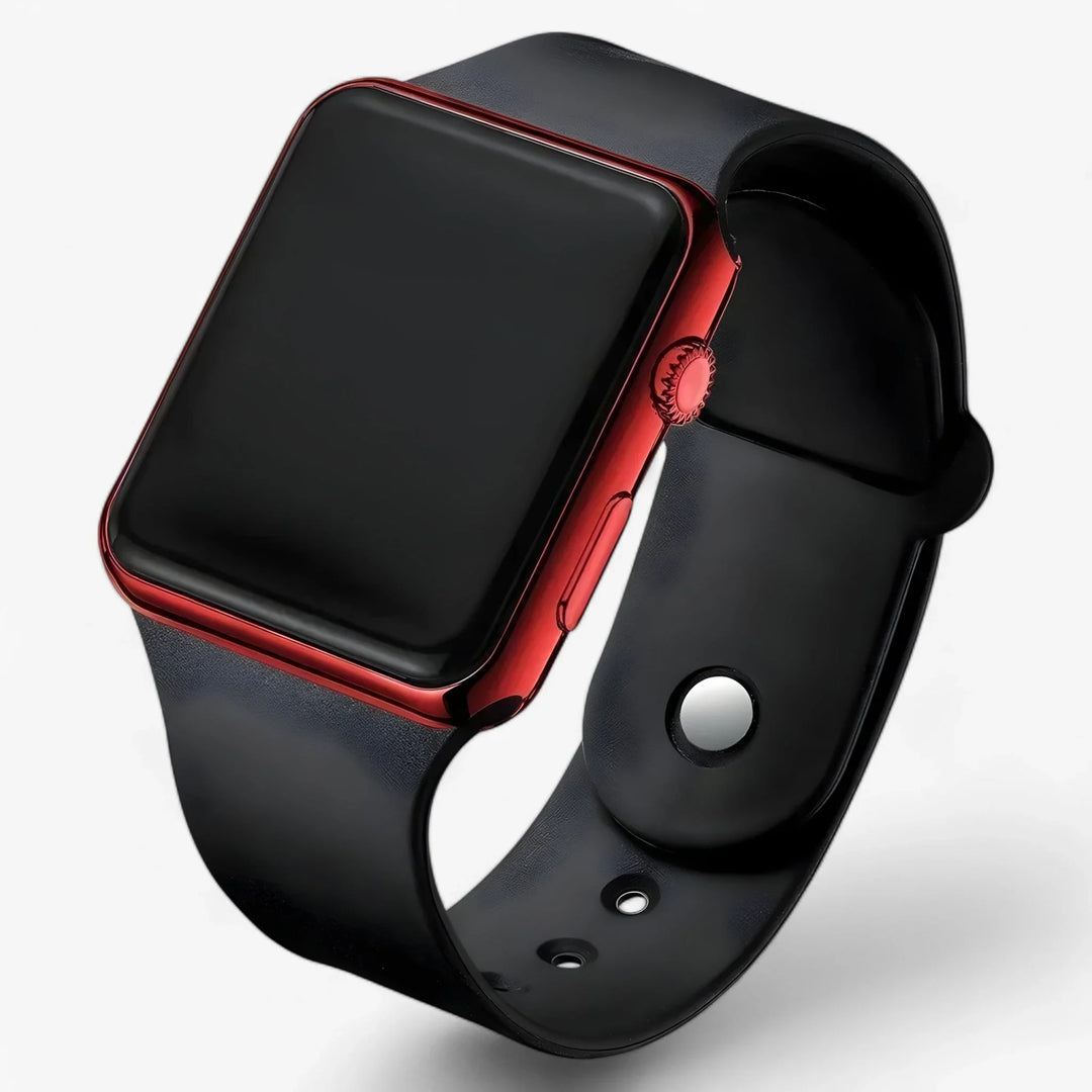 Square digital LED watch with buckle closure and modern case finish for men