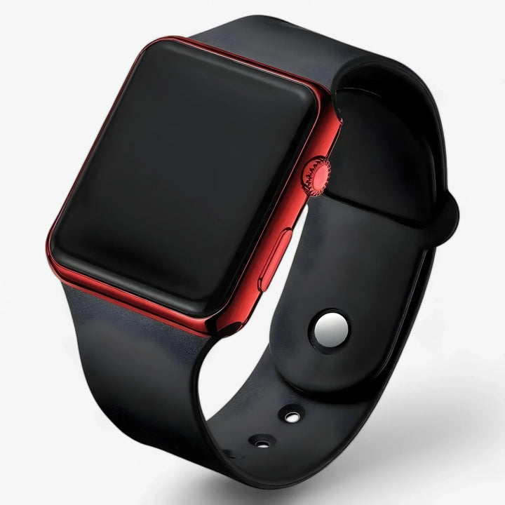 Square digital LED watch with buckle closure and modern case finish for men