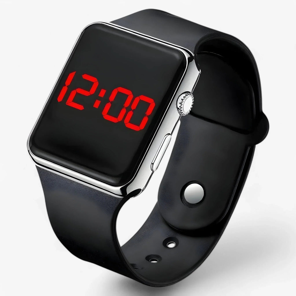 Close-up of men's LED watch showing red digital time display on square black screen