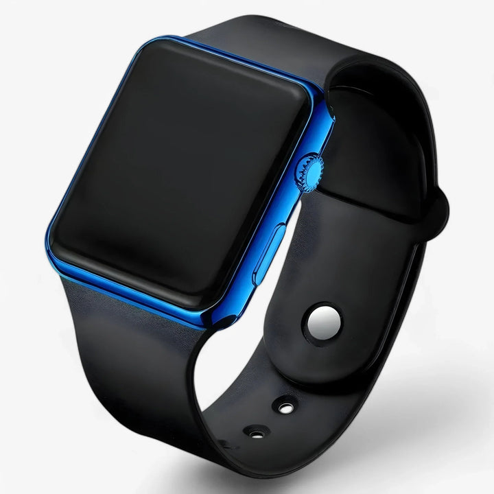 Side view of digital LED watch with polished case and adjustable silicone band