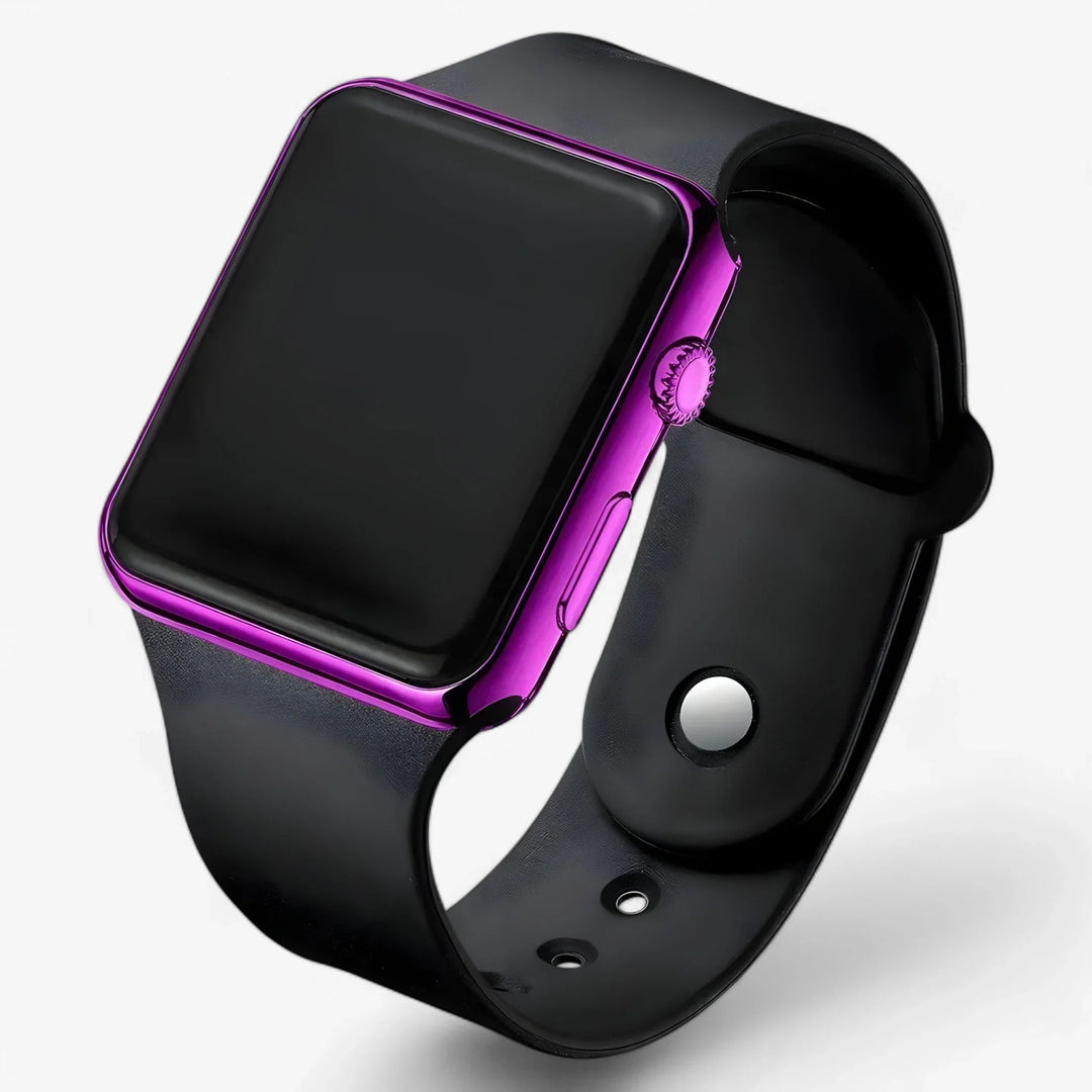 Men's LED watch with rose gold case and white silicone strap showing time display