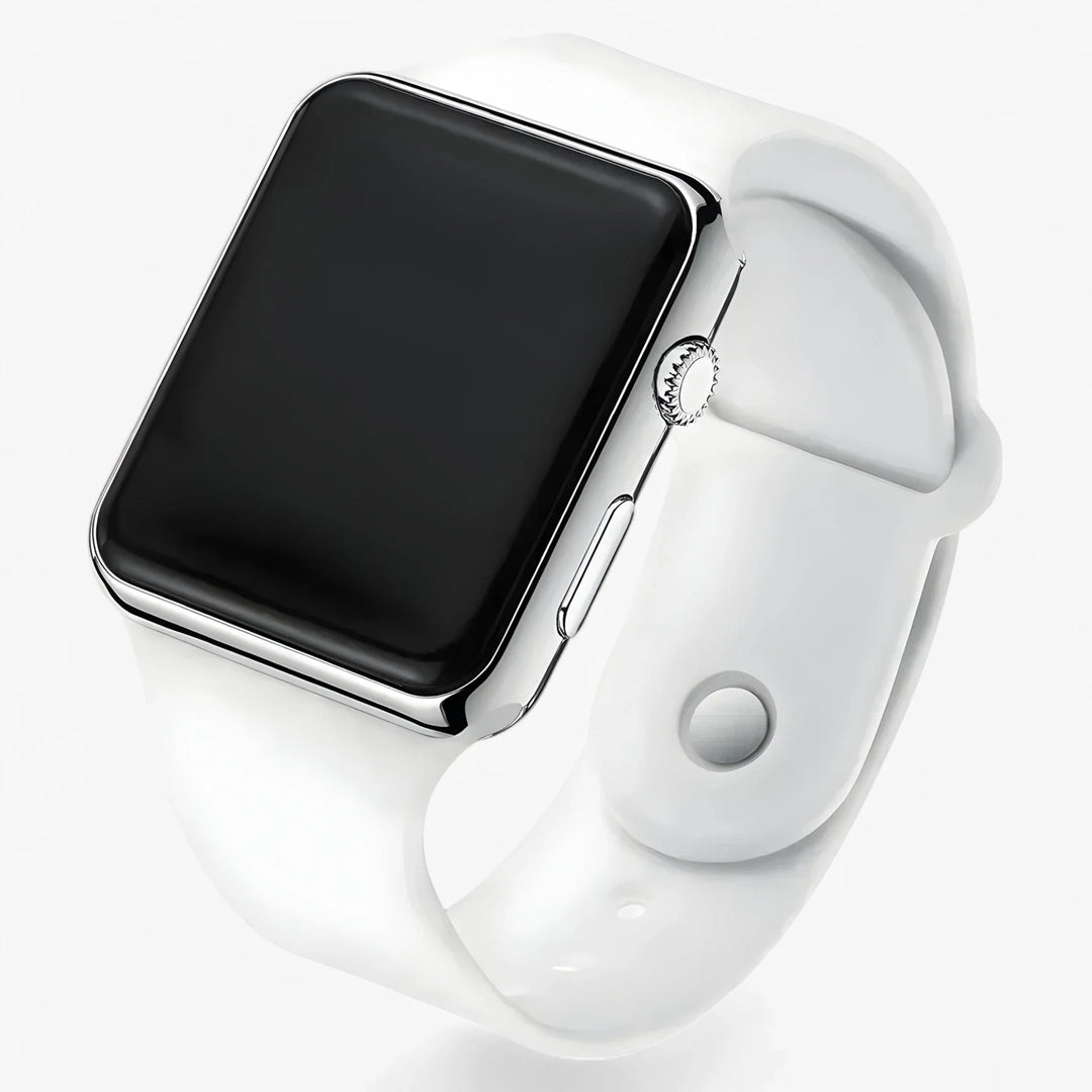 Blue finish digital LED watch with black silicone band and square display screen