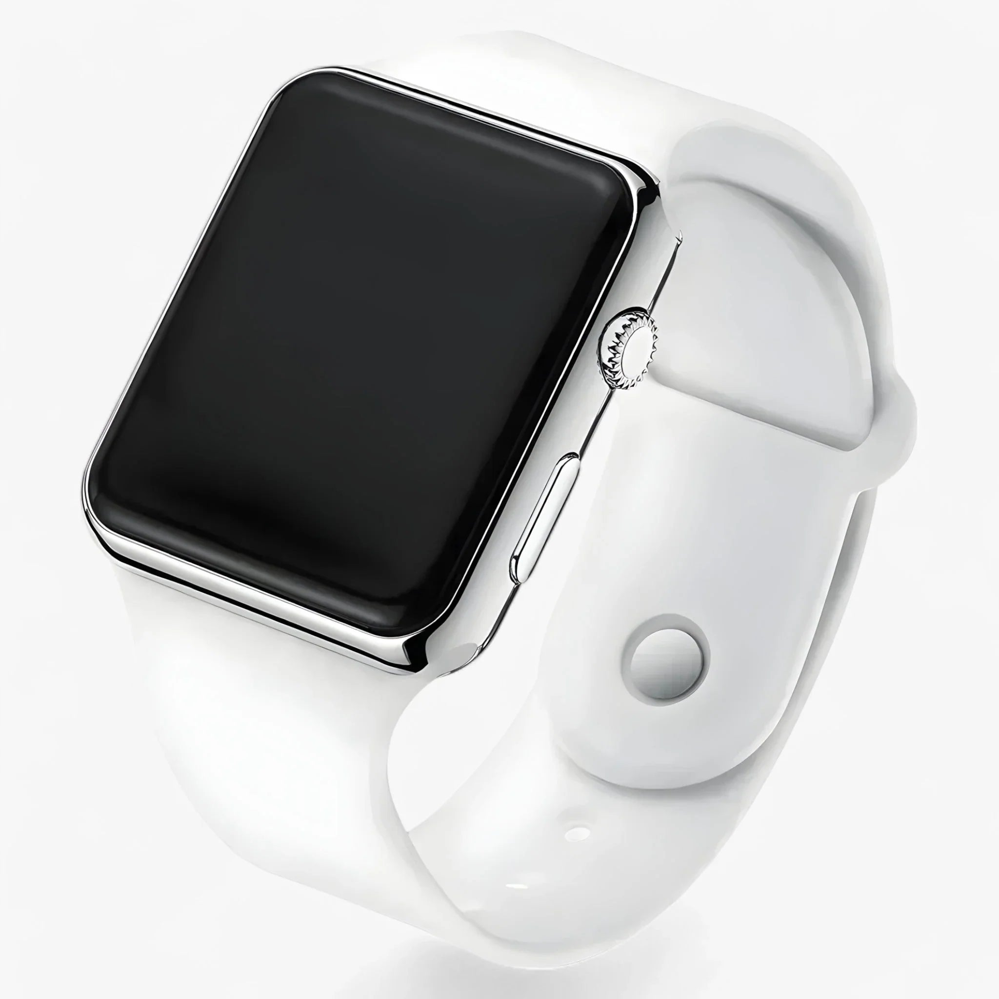 Blue finish digital LED watch with black silicone band and square display screen