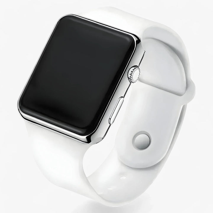 Blue finish digital LED watch with black silicone band and square display screen