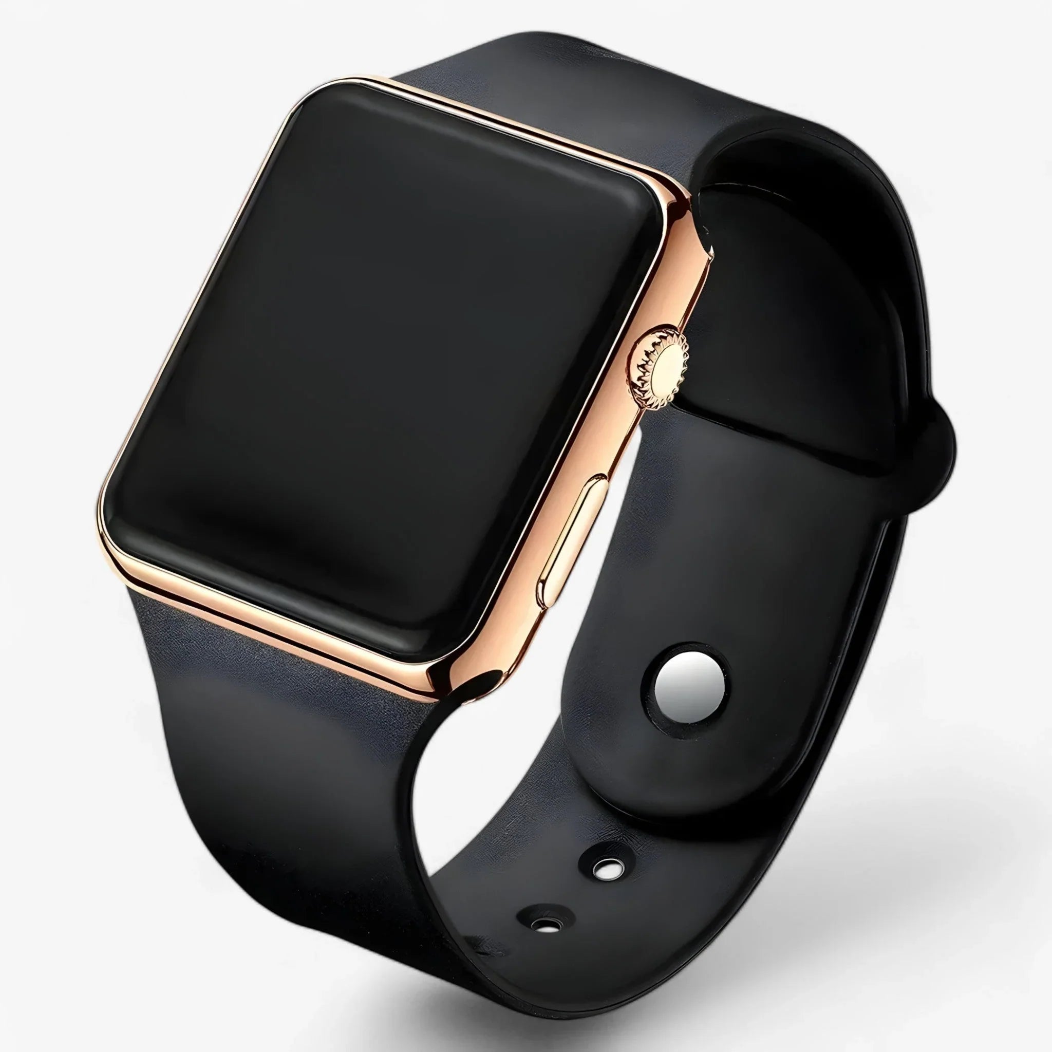 Square LED watch with polished metal case and press-button crown for men