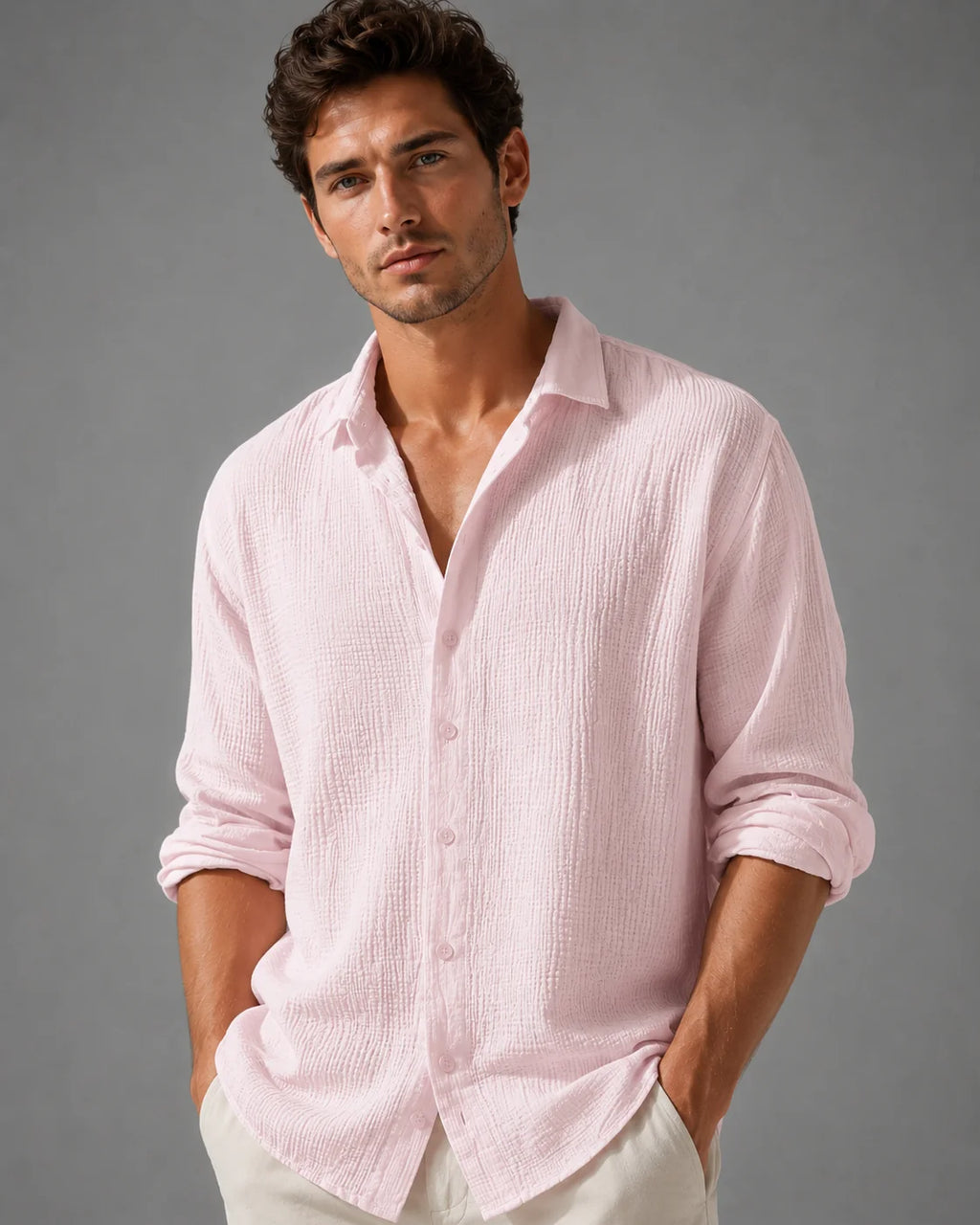 Men's relaxed linen shirt in soft pink with crinkle-weave texture and classic collar