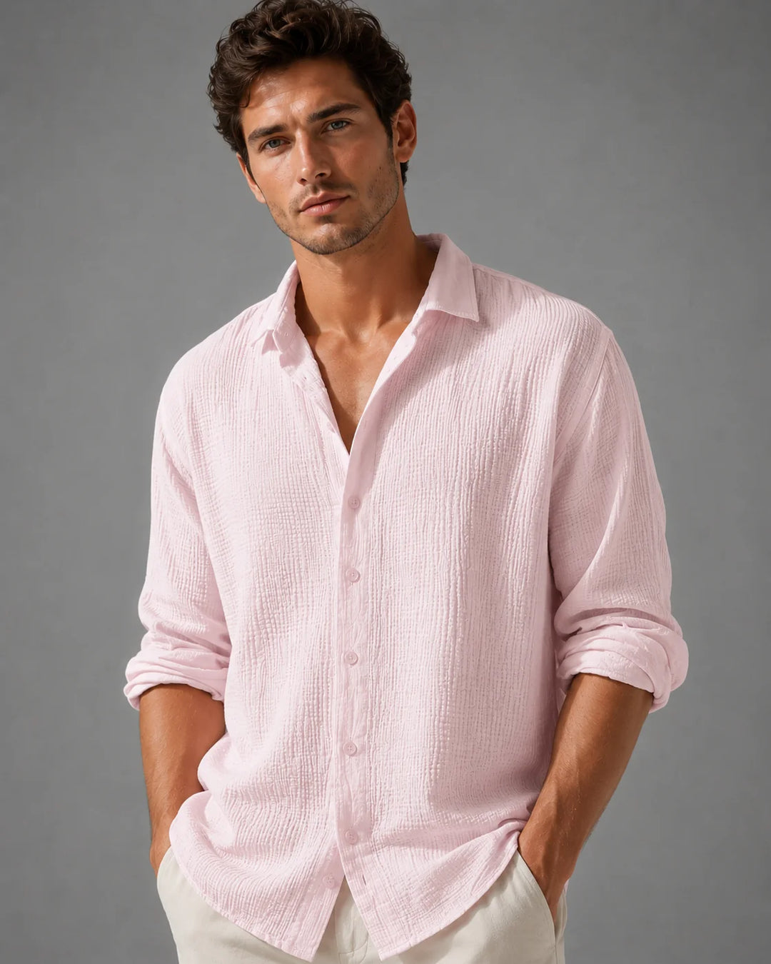 Men's relaxed linen shirt in soft pink with crinkle-weave texture and classic collar