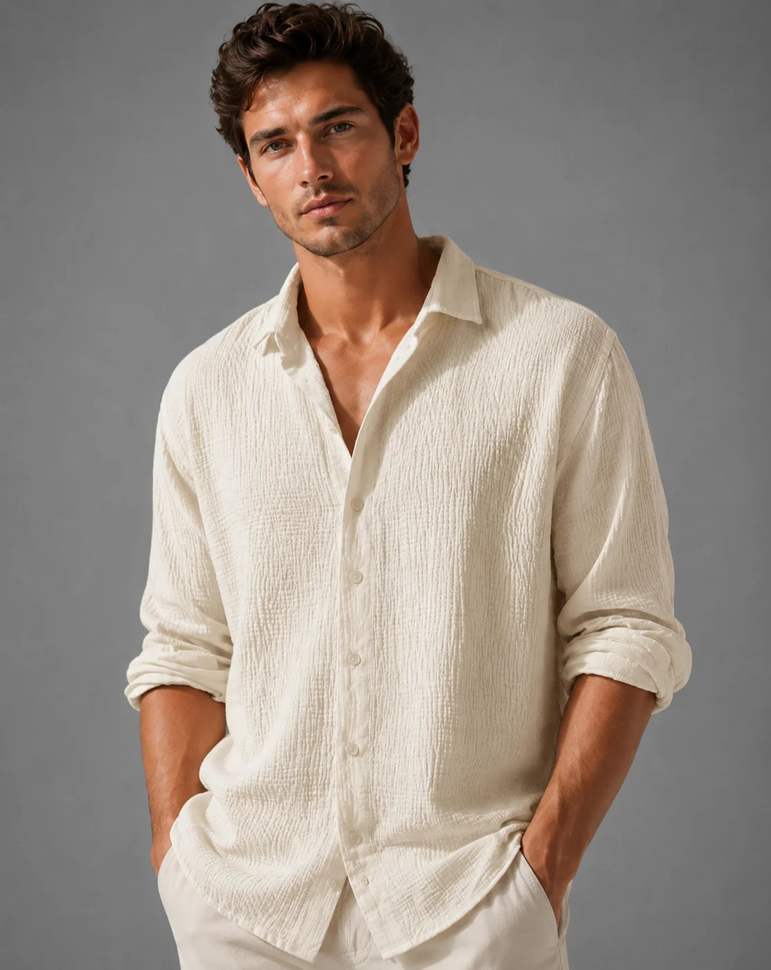 Men's relaxed linen shirt with button-through front and classic collar detail