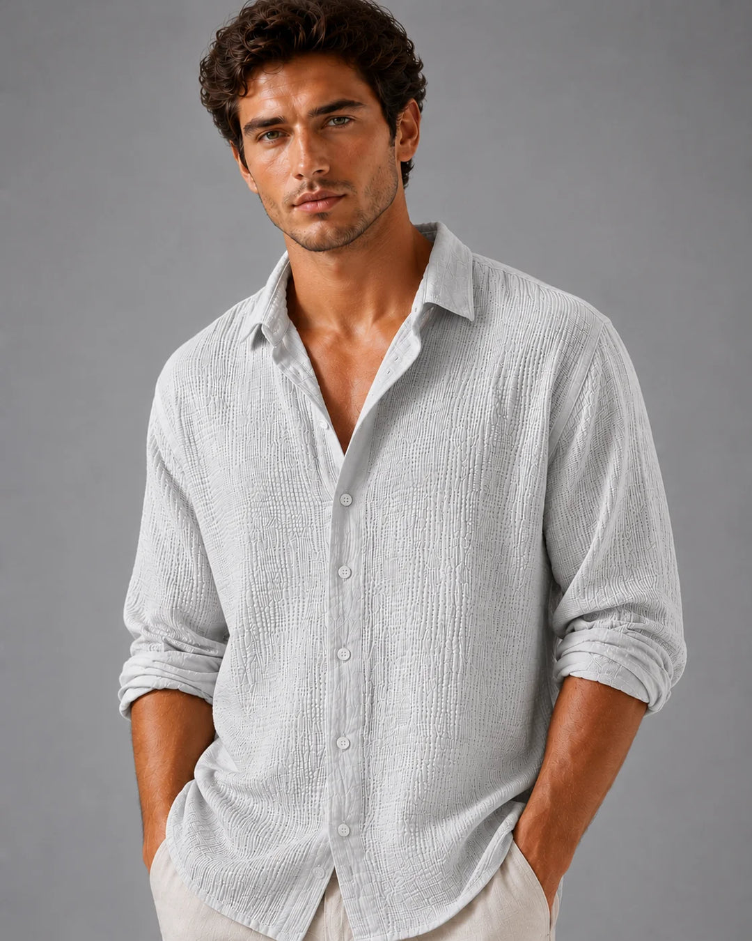 Men's linen shirt in pink with classic collar and lightweight breathable weave