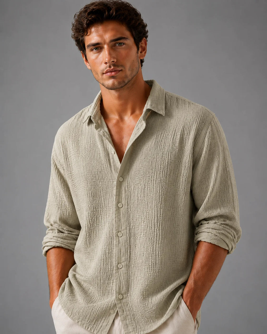 Full-length view of relaxed linen shirt paired with neutral trousers for casual styling