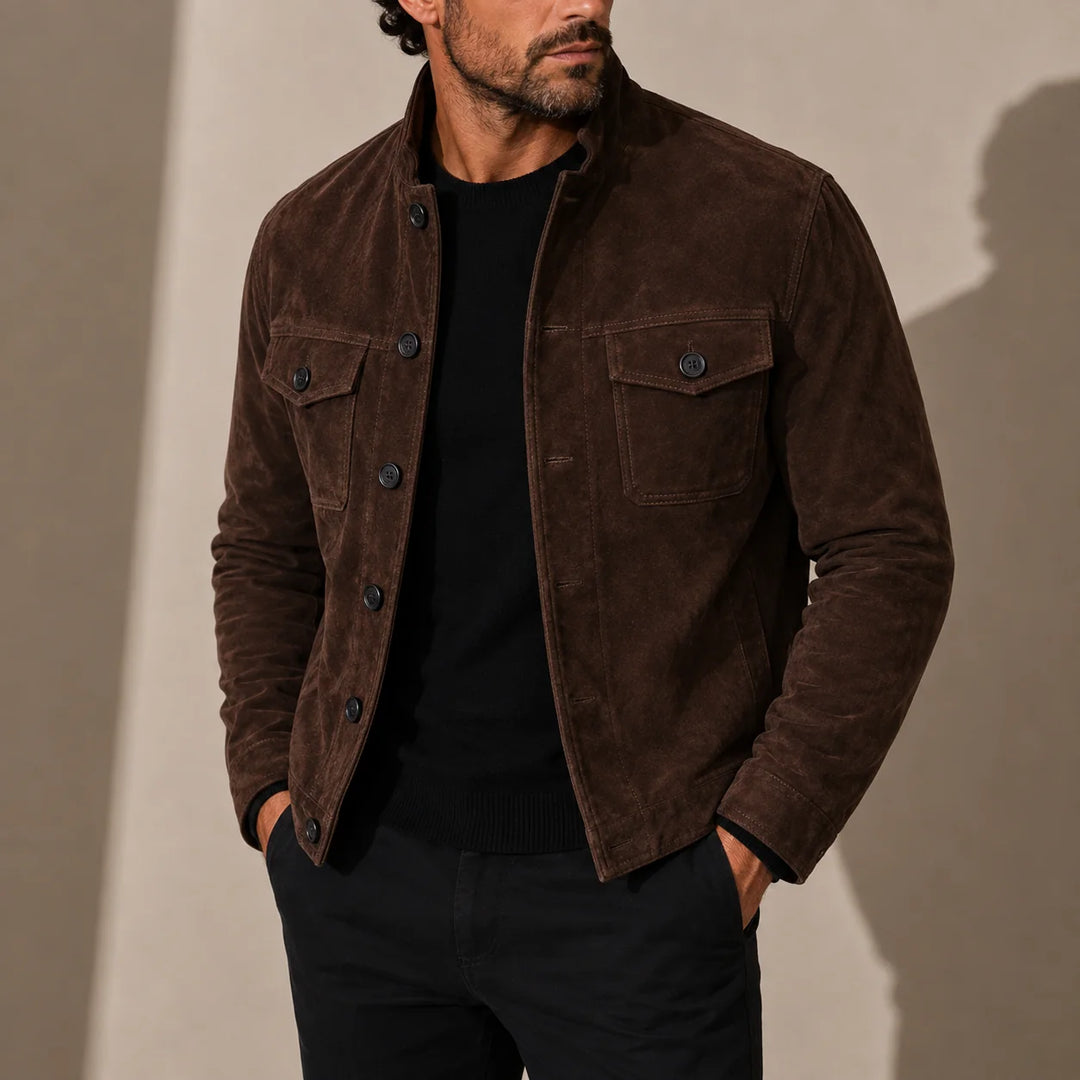 Men's suede jacket in brown with stand collar and button-up front, worn with black jumper and trousers