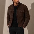 Men's suede jacket in brown with stand collar and button-up front, worn with black jumper and trousers