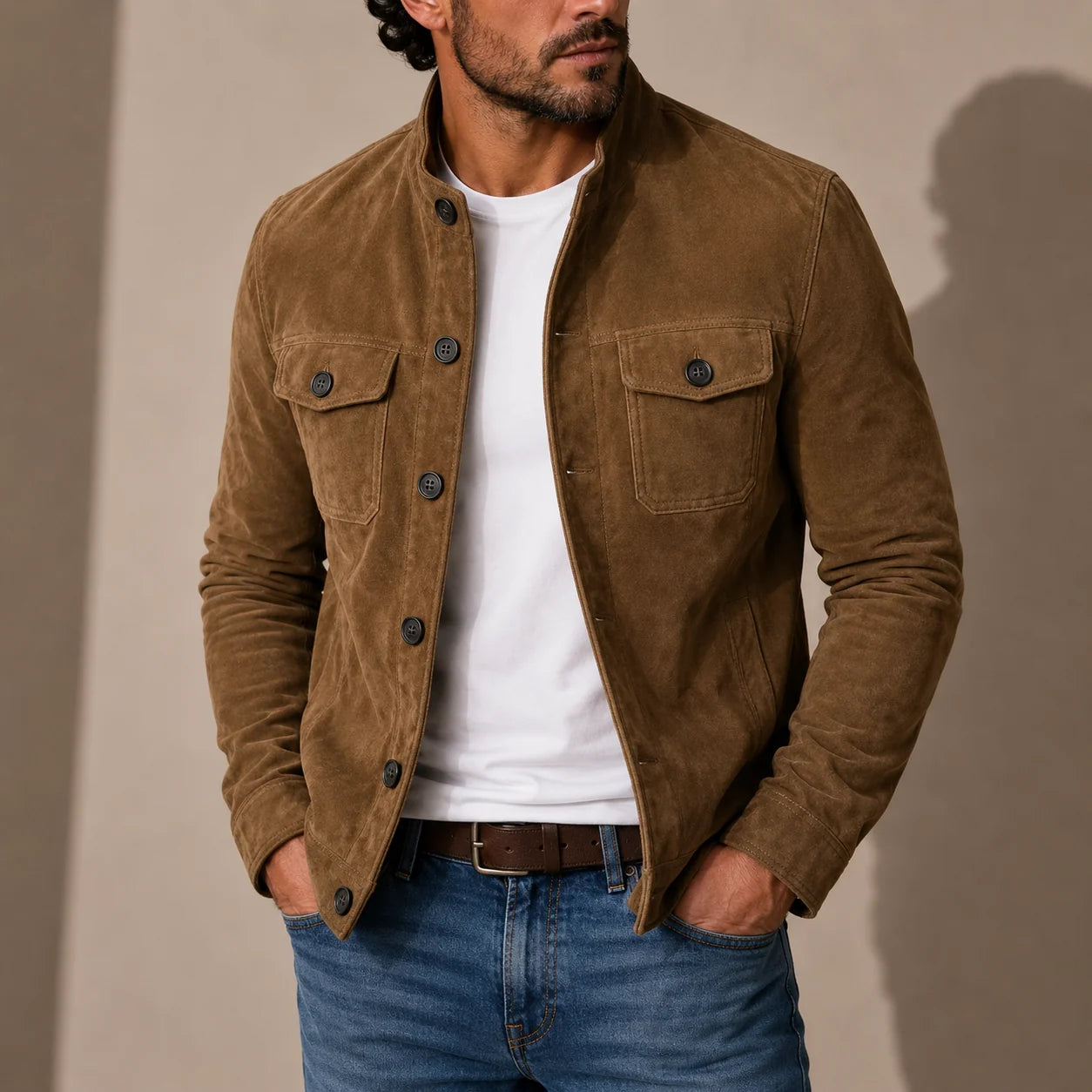Side profile of men's suede jacket highlighting structured fit and relaxed silhouette with long sleeves
