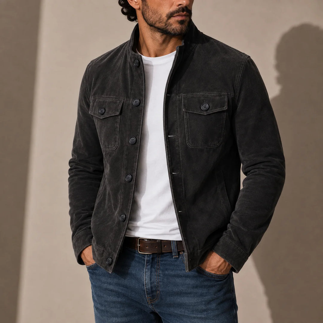 Men's brown suede jacket styled for smart-casual wear with buttoned chest pockets and clean minimal design