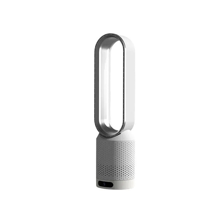 Bladeless tower fan in silver with perforated base and elongated oval airflow loop on white background