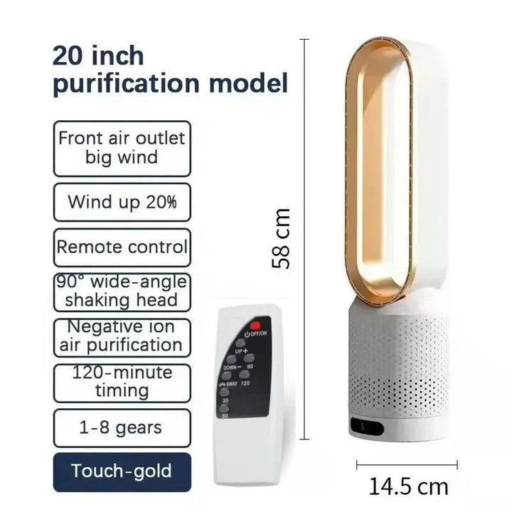 Detail of bladeless tower fan airflow opening showing smooth edges and safe construction
