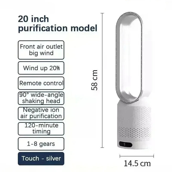 Bladeless tower fan packaging and accessories including remote control and instruction manual