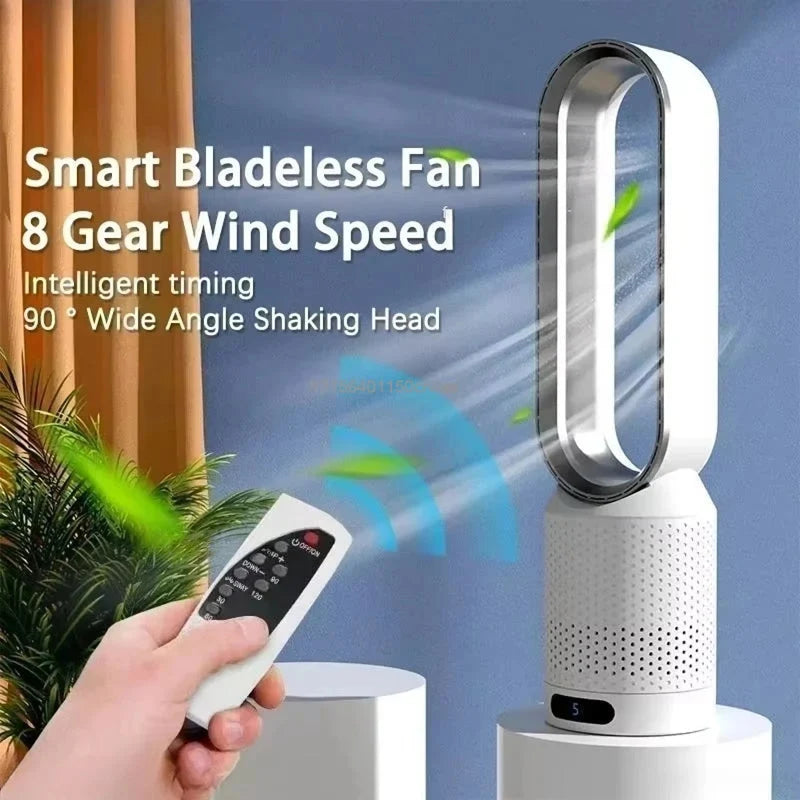 Close-up view of bladeless tower fan showing cylindrical perforated base and smooth oval design