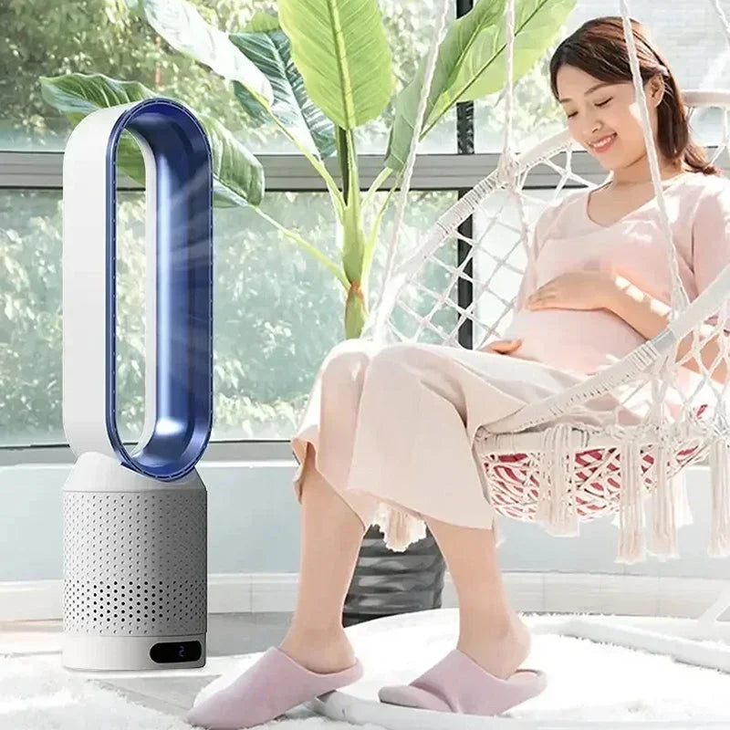 Bladeless tower fan in modern living room setting providing quiet cooling and air circulation