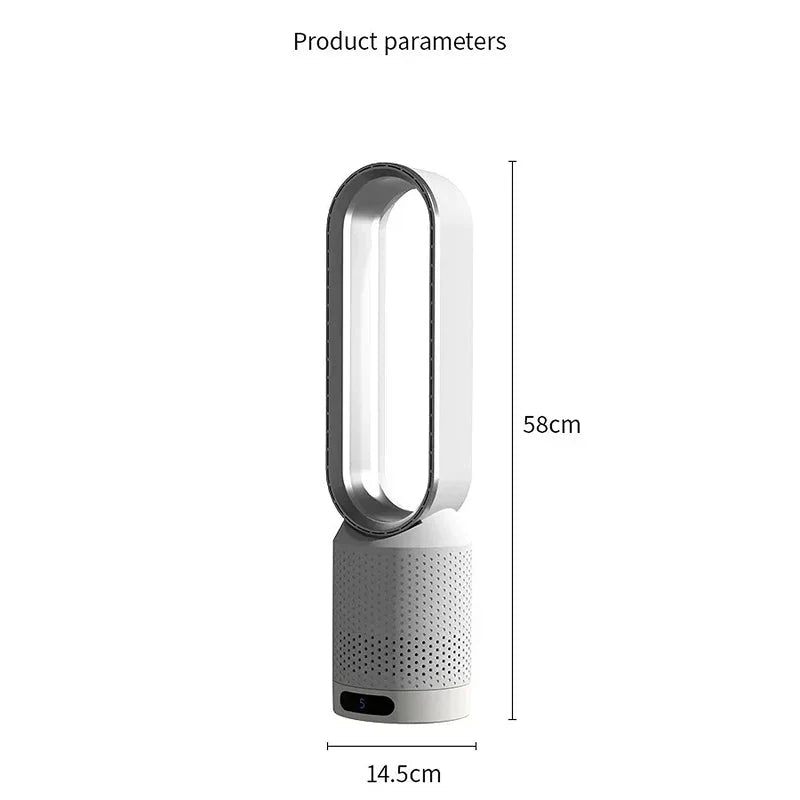 Overhead view of bladeless tower fan showing oval airflow design and perforated ventilation base