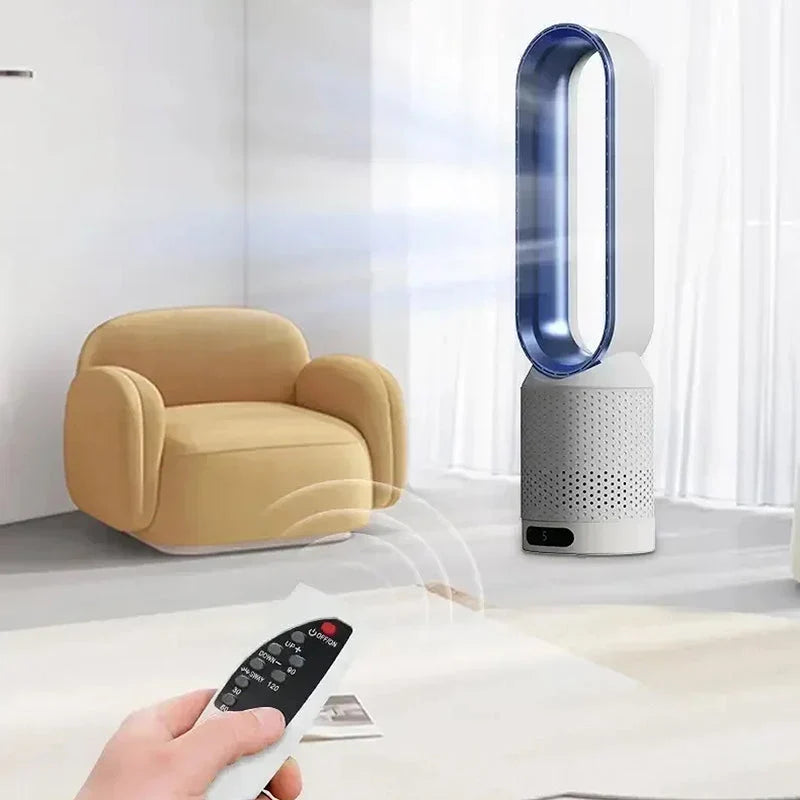 Bladeless tower fan in bedroom environment demonstrating quiet operation and space-saving design