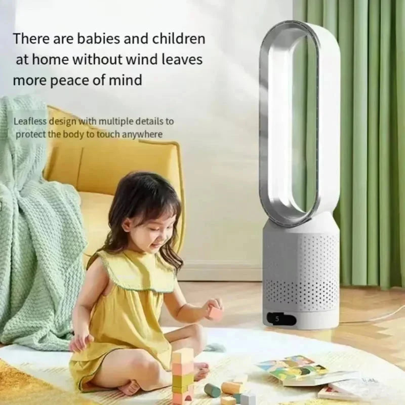 Full-length view of bladeless tower fan highlighting tall profile and stable base construction