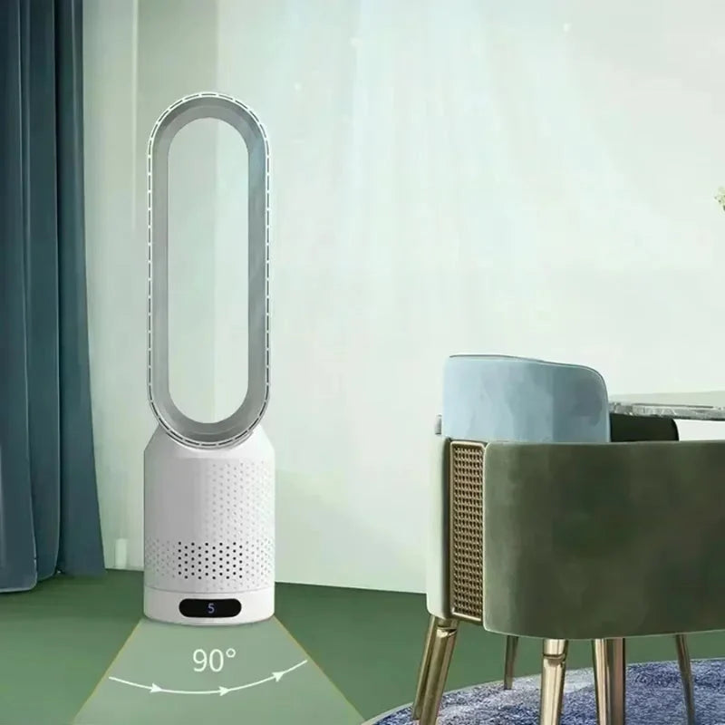 Bladeless tower fan remote control showing speed adjustment and oscillation function buttons