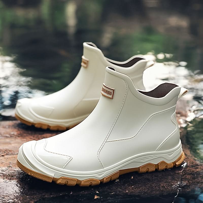 Rear view of men's ankle boots showing pull tab and heel construction
