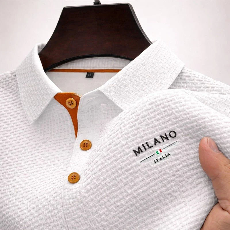 Side view of men's textured polo shirt highlighting structured collar and button placket detail