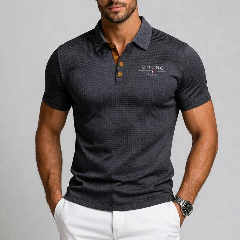 Full front view of men's textured polo shirt with classic collar and contrast button closure