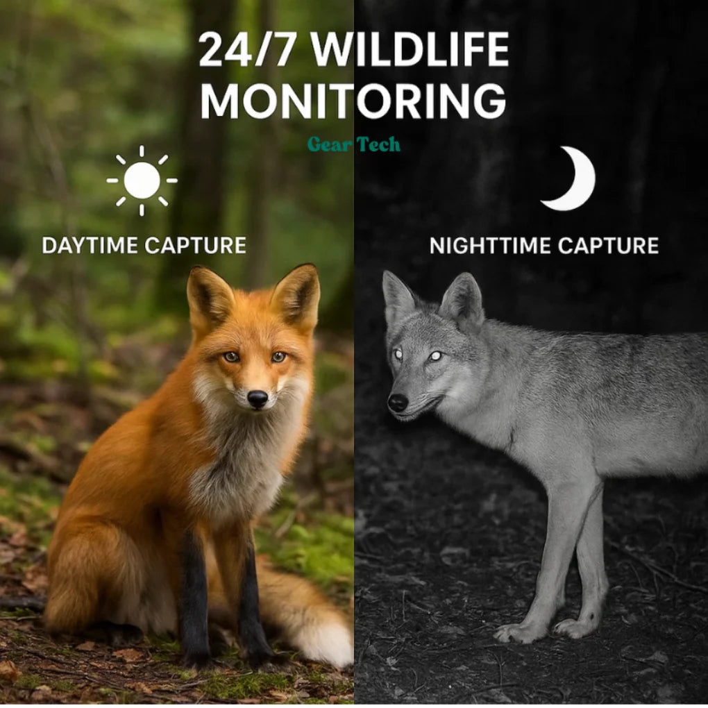 Motion-activated trail camera mounted on tree with weatherproof housing