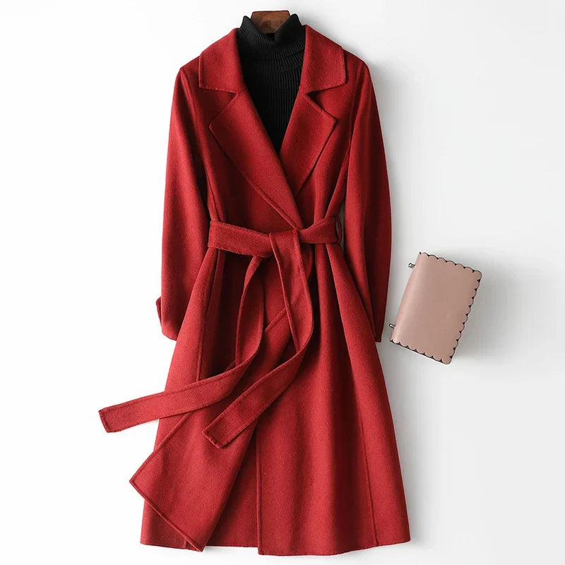 Women's belted wrap coat in burgundy with notch lapel and self-tie waist belt