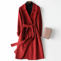 Women's belted wrap coat in burgundy with notch lapel and self-tie waist belt