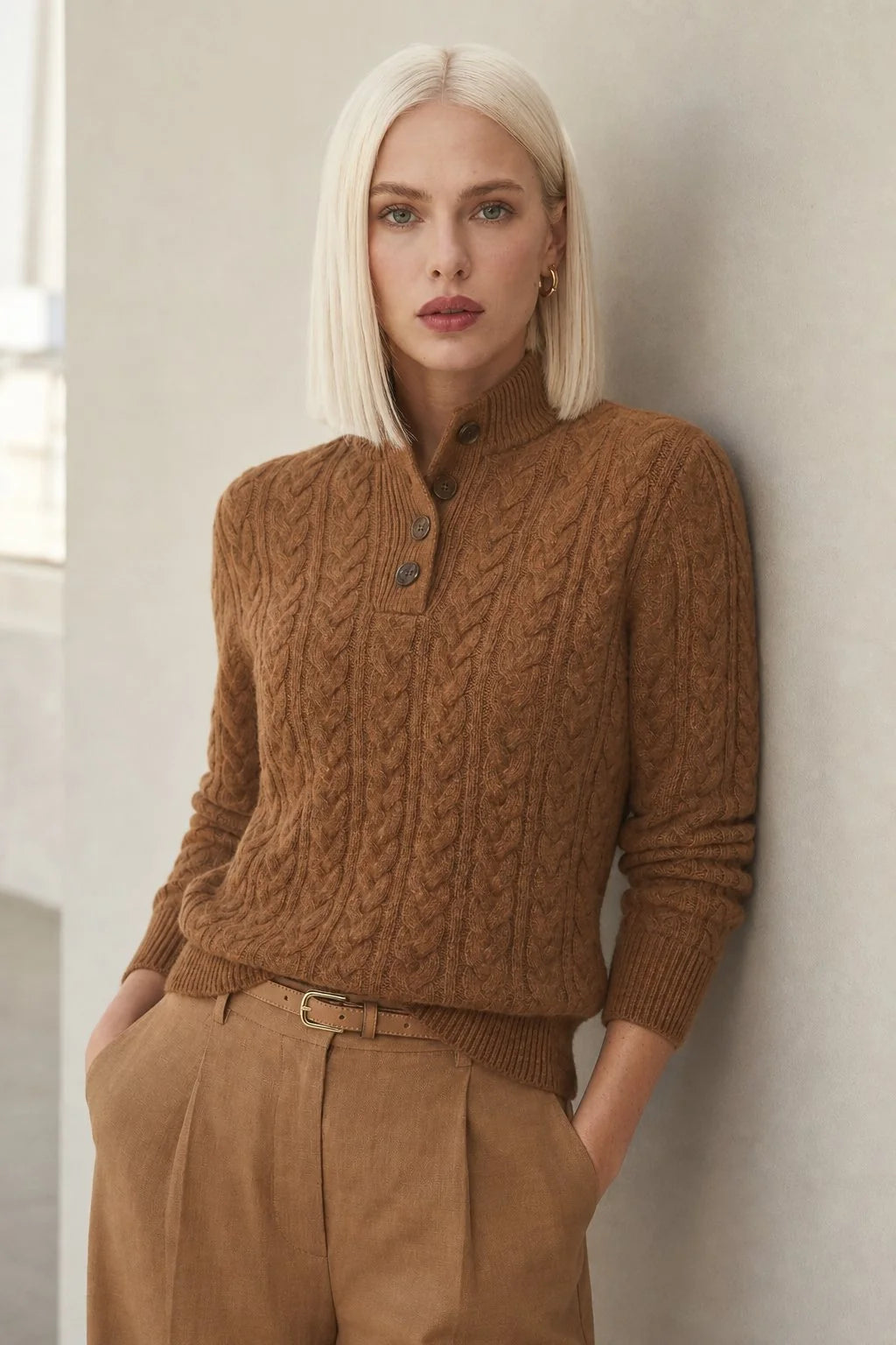 Women's cashmere cardigan in camel with cable-knit texture and button-up stand collar worn with tailored trousers