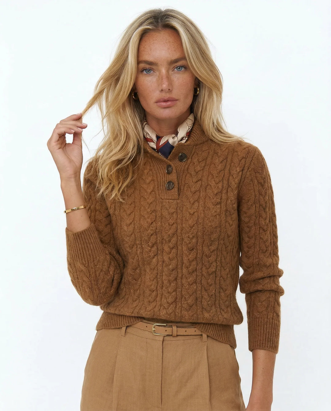 Women's button-up cashmere cardigan in olive green with stand collar and cable-knit pattern