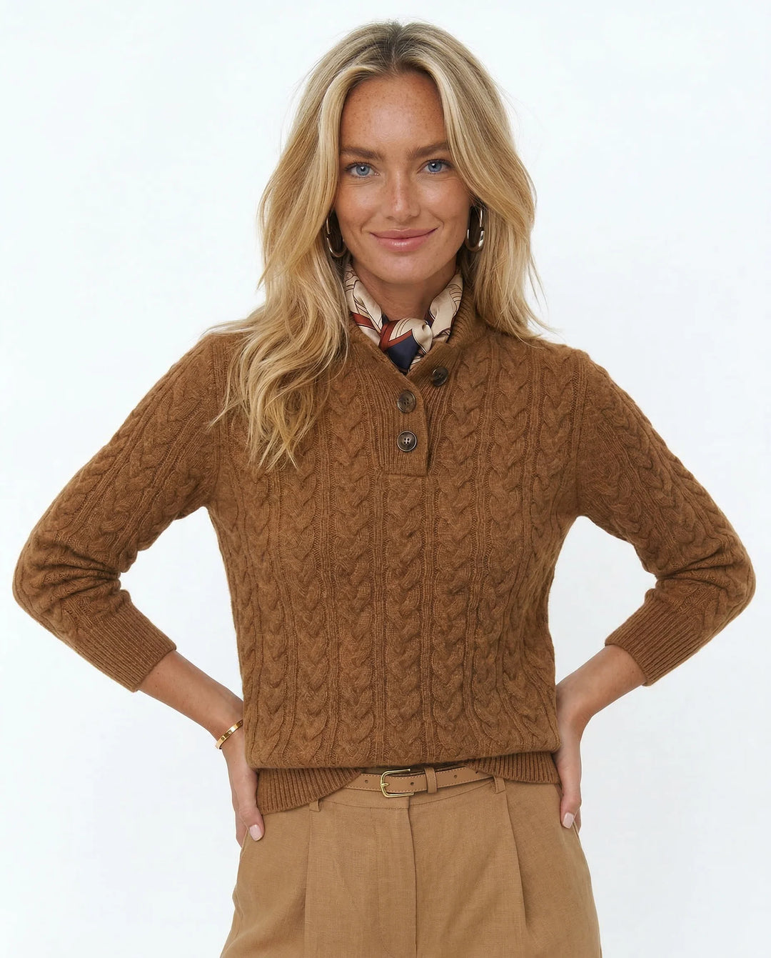 Side angle of slim-fit cashmere cardigan in olive showing cable-knit structure