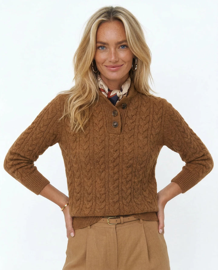 Side angle of slim-fit cashmere cardigan in olive showing cable-knit structure
