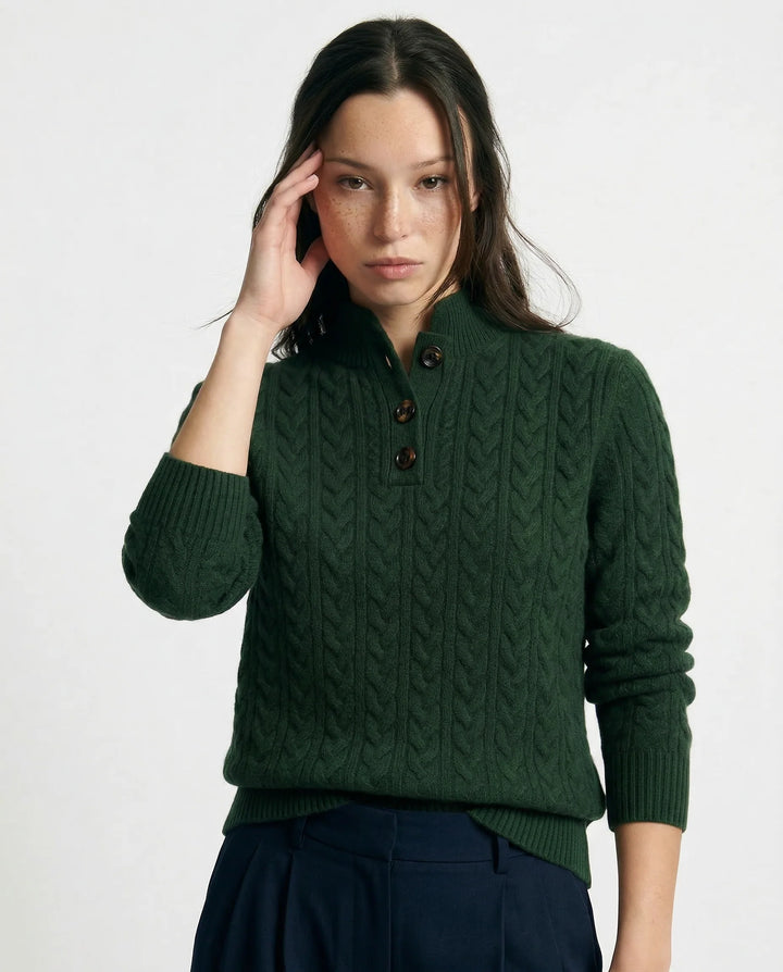 Women's cashmere cardigan in khaki with cable-knit design and button-up stand collar