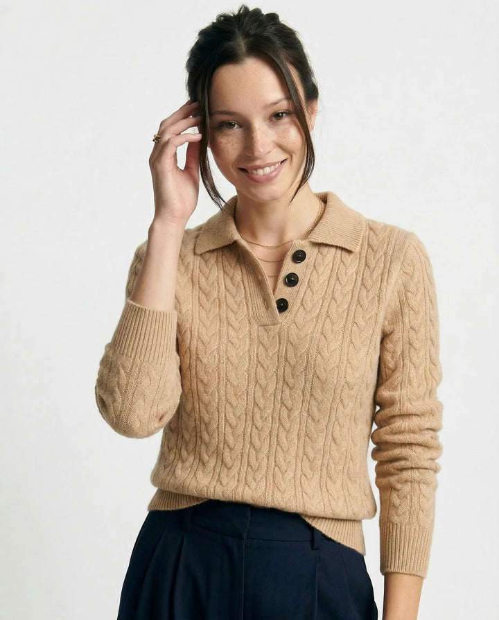 Detail shot of stand collar and buttons on khaki cashmere cardigan