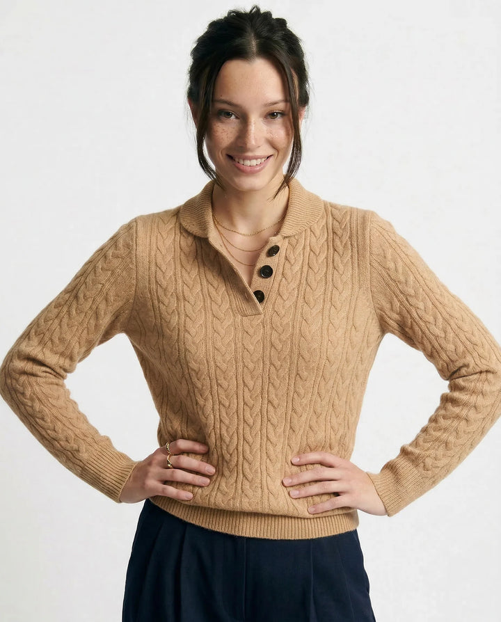Side profile of cable-knit cashmere cardigan in khaki with ribbed trims