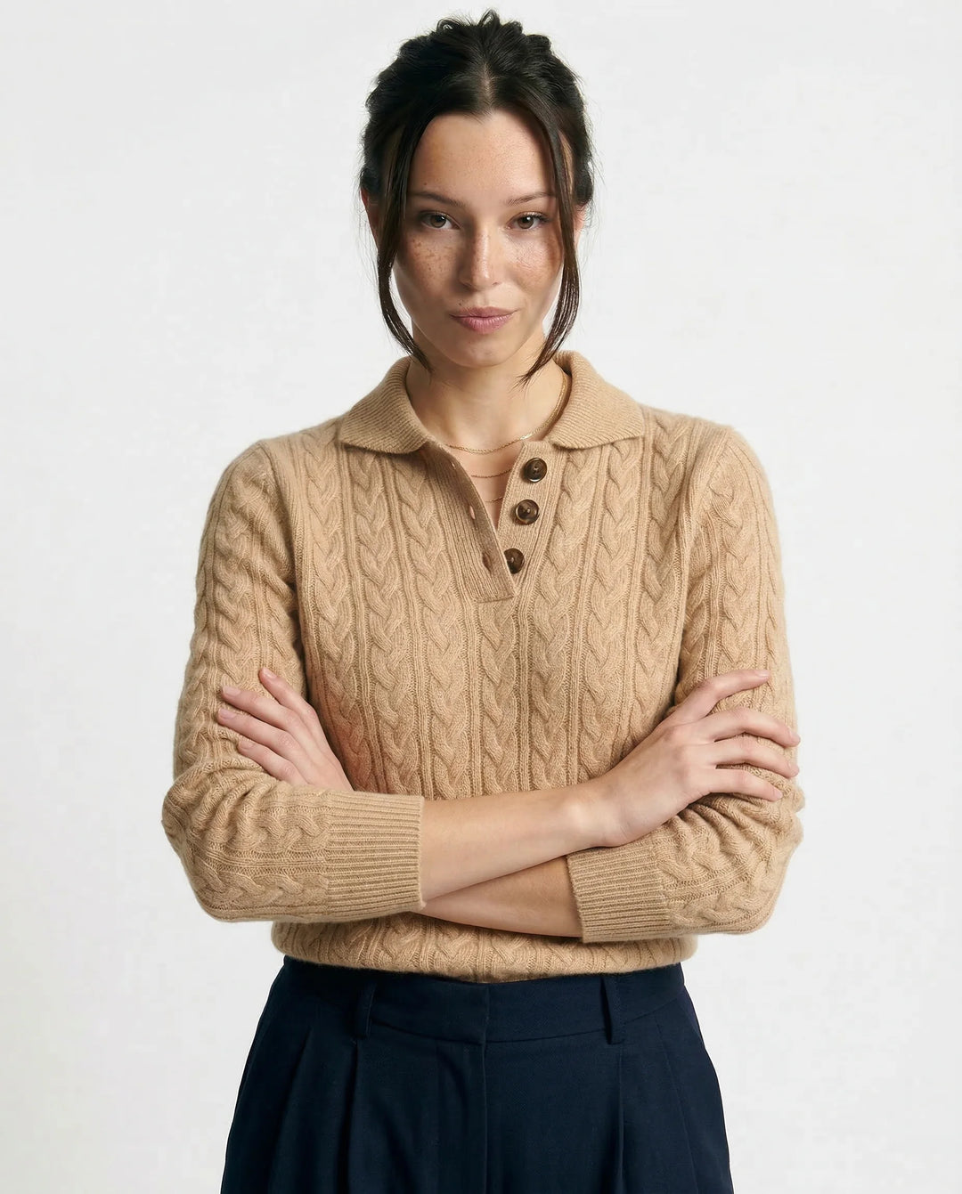 Front view of women's khaki cashmere cardigan styled with tailored separates