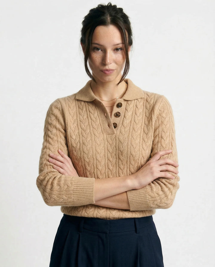 Front view of women's khaki cashmere cardigan styled with tailored separates