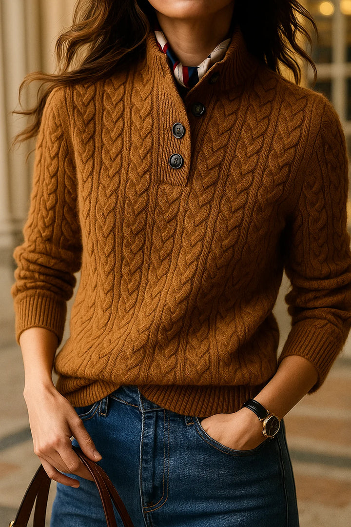 Detail of button-up front and stand collar on grey cashmere cardigan