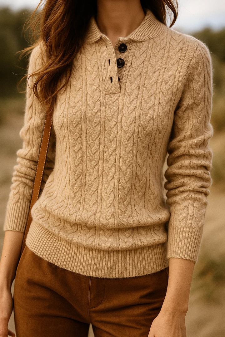Close-up of cable-knit texture on grey cashmere cardigan