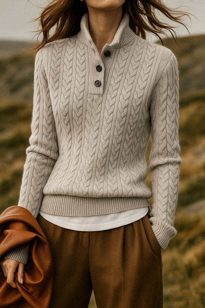 Women's cashmere cardigan in vintage beige with cable-knit pattern and button detail