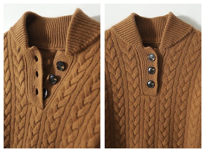 Detail shot of stand collar and buttons on vintage beige cashmere cardigan
