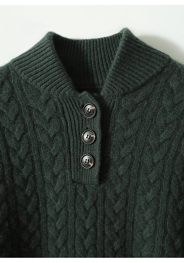 Side angle of cable-knit cashmere cardigan in vintage beige showing structured fit
