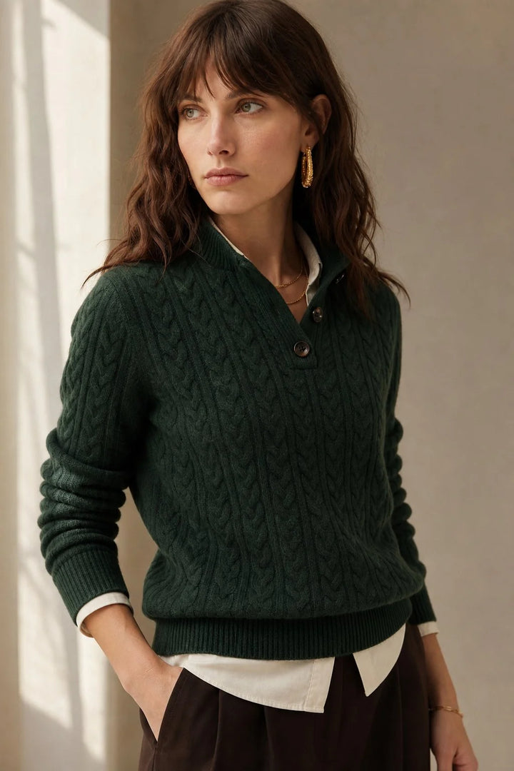 Front view of women's button-up cashmere cardigan in camel paired with high-waist trousers